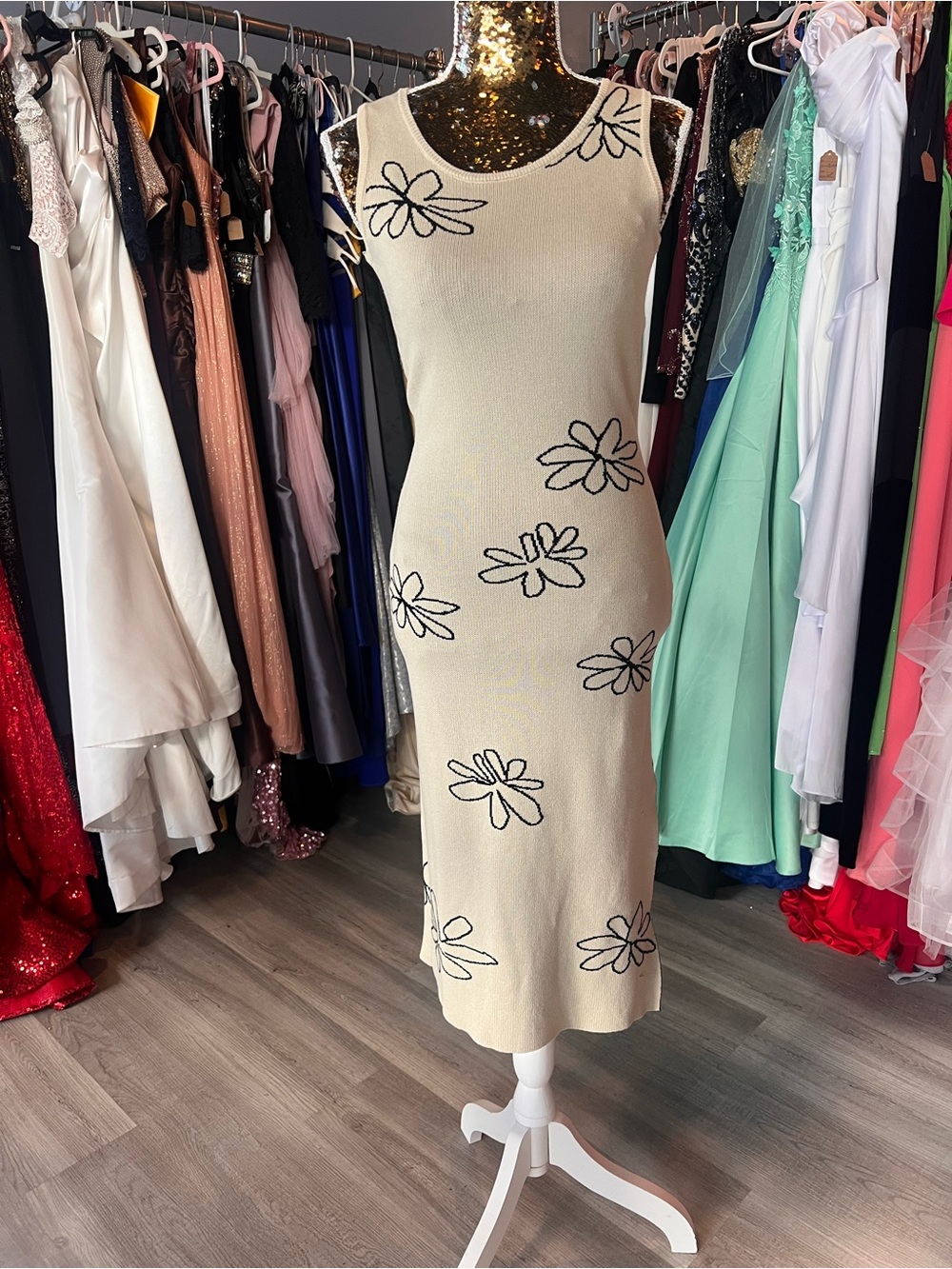 Sleeveless Cream Knit Midi Dress with Black Floral Outline